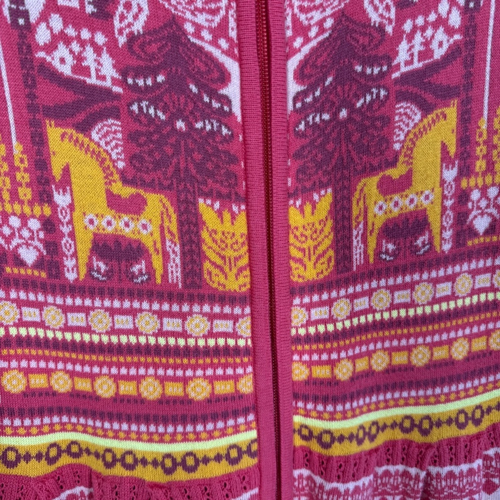 KOOI Knit Vibrant Red Orange Patterned Cardigan Nordic Fair Isle Zip Cotton - Picture 8 of 16